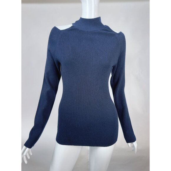 Catherine Malandrino Navy Cold Shoulder Ribbed Sweater Women XL Rayon/Polyester/ - Picture 5 of 16